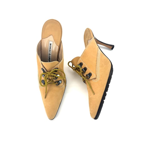 Retro Vintage Manolo Blahnik Oklamod Timberland Pointed Toe Mules Pumps 36 - Picture 5 of 12